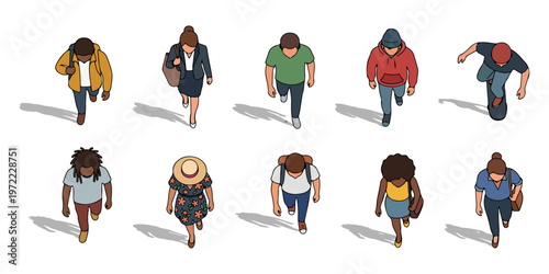 Top View Diverse Walking People Collection Vector Illustration, Overhead Crowd Characters Set with Shadows, Urban Pedestrians for Architecture Plan, City Scene Design