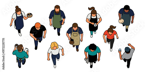Top View Vector Set of Cafe Staff and Waiters, Isometric People Figures Wearing Aprons and Carrying Coffee, Flat Design Service Industry Characters for Restaurant Floor Plans and Architectural Layouts