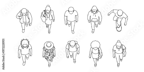 Top View Walking People White Fill Vector Set, Overhead Crowd Characters Collection with Shadows, Urban Pedestrians for Architecture Plans and Clean City Scene Design