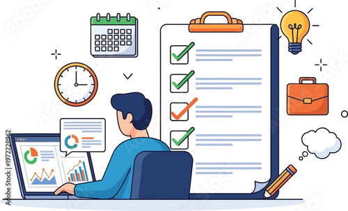 Man working on laptop with checklist clipboard and business icons around him
