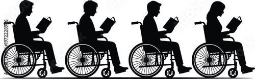 Wheelchair reading people silhouettes, disabled person icons, inclusive education concept, accessibility lifestyle illustration, mobility aid figures, black vector isolated set