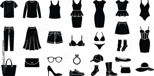 Women clothing and accessories silhouettes collection fashion items vector illustration dress shoes bag glasses hat lingerie isolated black icons set