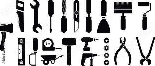 Hand Tools Icons – Construction and Repair Equipment Silhouettes for DIY and Workshop Use