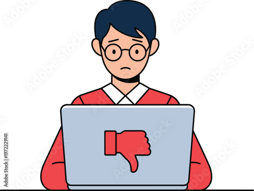 Man with unhappy expression on laptop with dislike thumb icon on screen