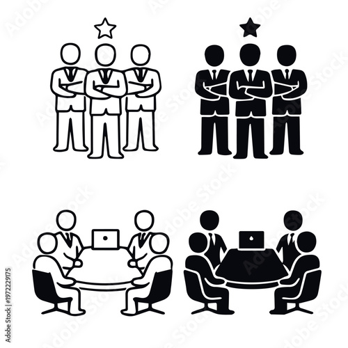 Black silhouette icons of business figures with stars and roundtable meeting with laptop representing leadership and collaboration