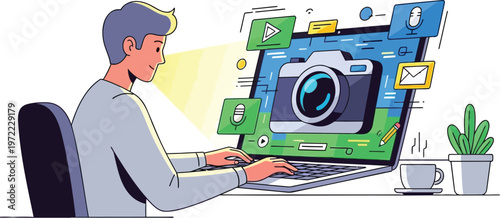 Video editing and multimedia production concept with editor working on computer digital content creation