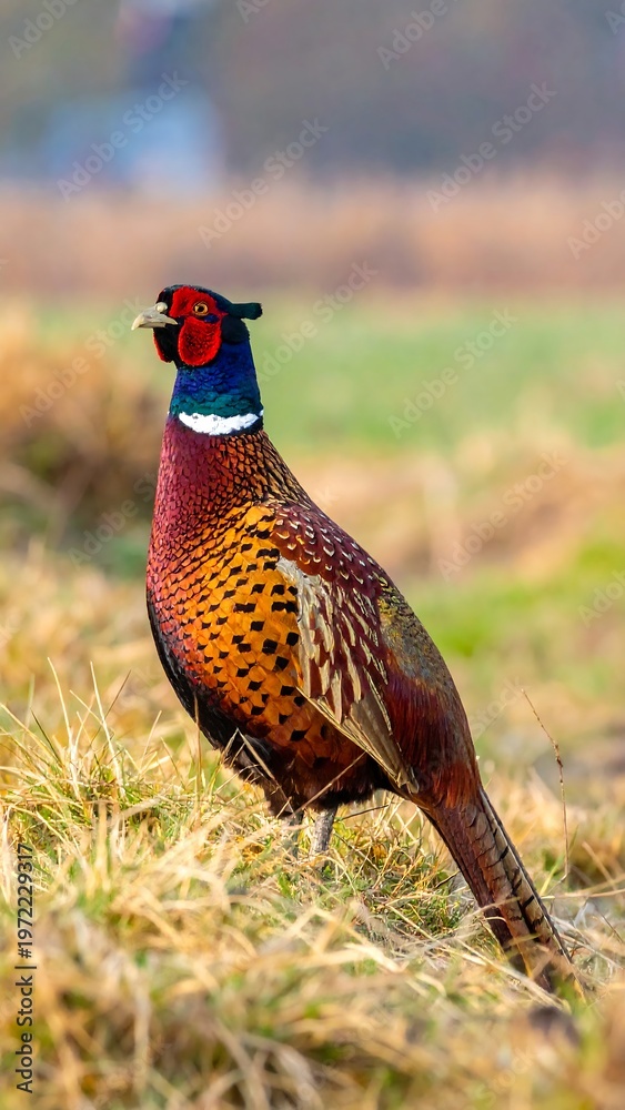 Fototapeta premium A vibrant bird with colorful feathers stands in a field