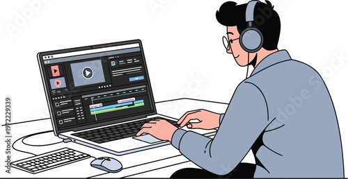 Man working on video editing software on laptop with headphones on