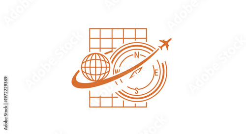 Orange Travel Logo Depicting Globe, Airplane, and Compass Elements.