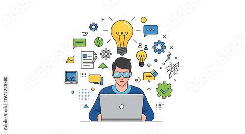 Man with laptop and light bulb ideas floating above him