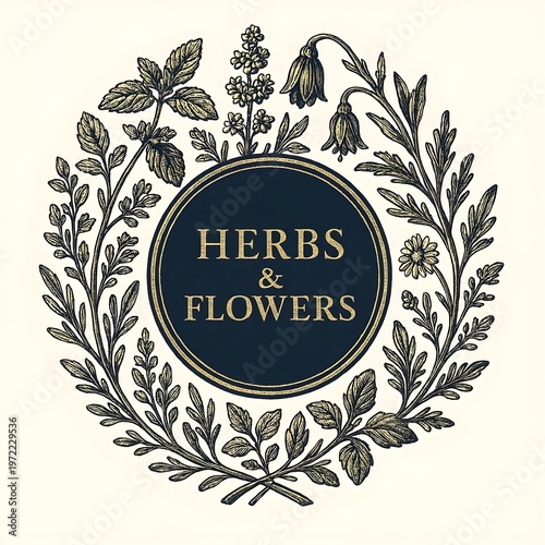 Victorian botanical illustration style badge with wreath of herbs and flowers, circular label design, engraving aesthetic, dark navy and gold