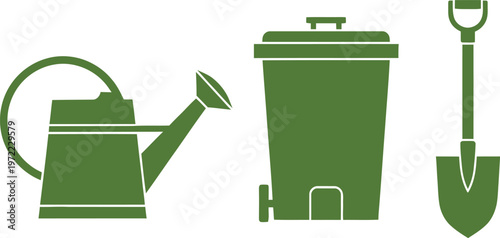 A set of three green icons representing essential gardening and waste management equipment tools