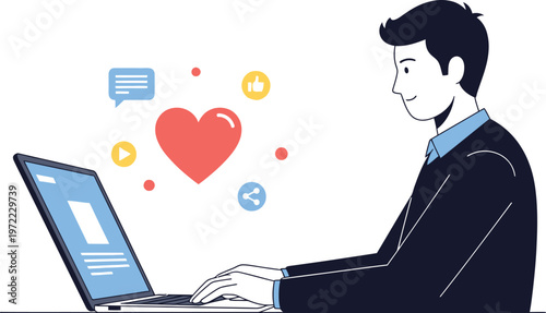 Man using laptop with social media icons and heart floating above screen