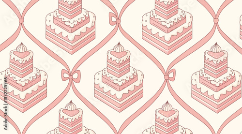 Seamless pattern with pink tiered cakes and ribbons on a light background
