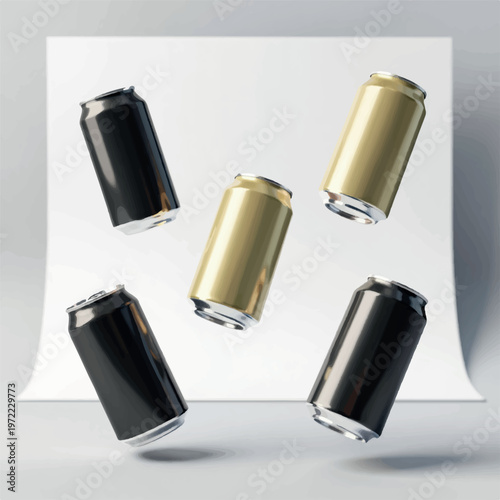 Blank multiple soda cans mockup floating in the air on background, 3D rendering of realistic soda can mockups
