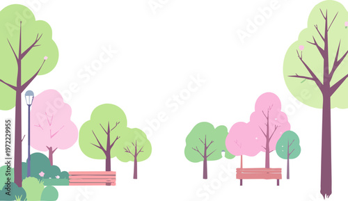  Parque con árboles estilizados y bancos en entorno tranquilo y limpio.
