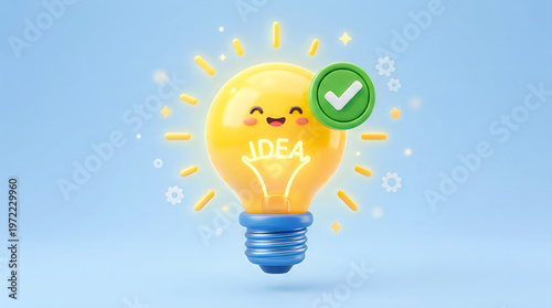 Smiling yellow light bulb with green check mark and idea text on blue background