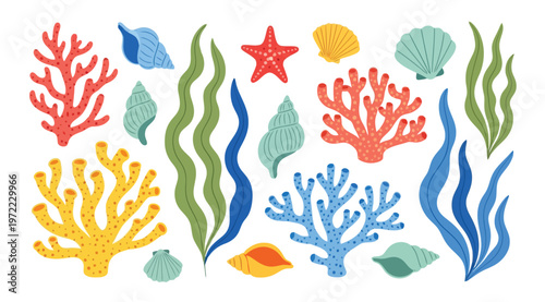 Set of colorful underwater sea life elements including various corals, seashells, and seaweed
