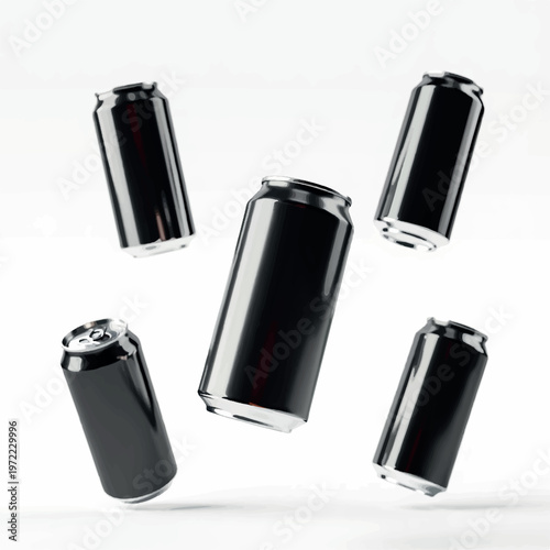 Blank multiple soda cans mockup floating in the air on background, 3D rendering of realistic soda can mockups