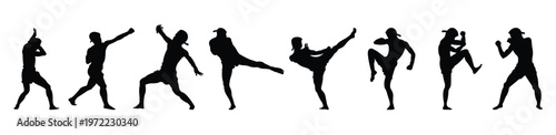 Muay thai silhouette collection diverse fighter poses dynamic martial arts action combat sports training dynamic kicks punches, vector illustration.