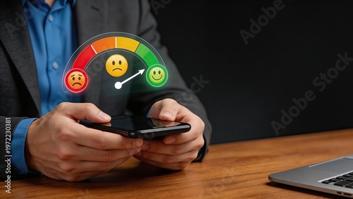 Businessman using smartphone with holographic customer satisfaction rating gauge showing improvement from sad to happy emoji digital feedback score positive user experience