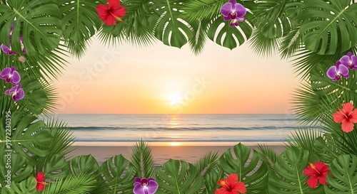 Tropical sunset yoga frame serene beach scene with lush foliage for wellness and meditation