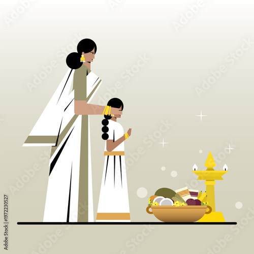 Conceptual illustration of an Indian woman guiding a child during a traditional Vishu ritual with lamp and offerings, symbolizing culture, spirituality, family bonding, and festive celebration