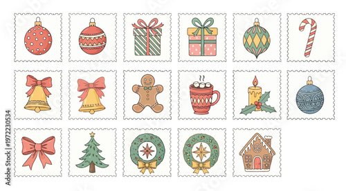 Set of handdrawn christmas icons, festive holiday elements, vector illustration