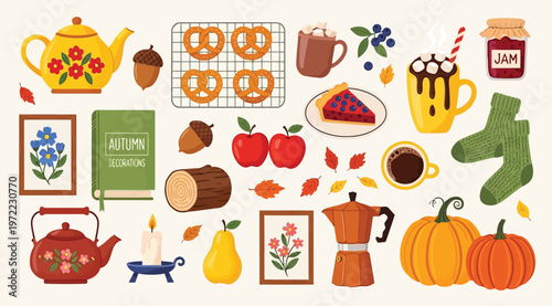 Autumn cozy collection with pumpkin, tea, coffee, pie, pretzels, socks, and fall leaves