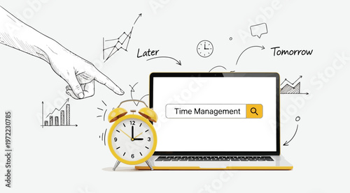 Hand pointing at an alarm clock next to a laptop with time management in the search bar