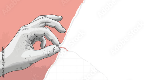 Illustration of a hand tearing a pink paper sheet to reveal a white grid background