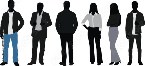 Business people silhouettes collection vector illustration set men and women standing casual and formal outfits isolated modern design