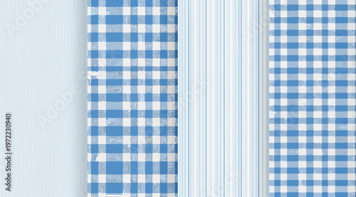 Set of seamless patterns with blue and white stripes and gingham check designs