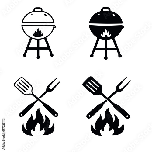 Black silhouette icons of barbecue grills with flames and crossed utensils above fire representing outdoor cooking and summer gatherings