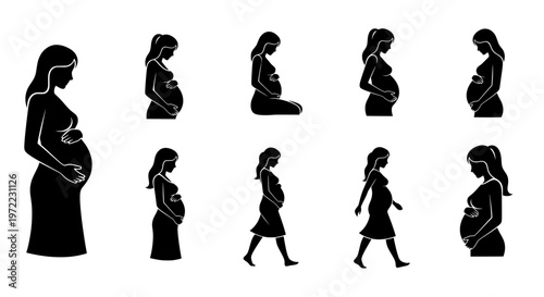 Set of pregnant women – simple vector icons isolated on a transparent background