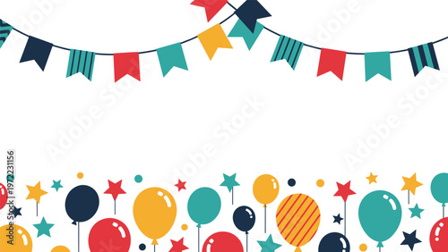 Festive party border featuring colorful balloons, bunting flags, stars, and dots on a white background for celebrations.