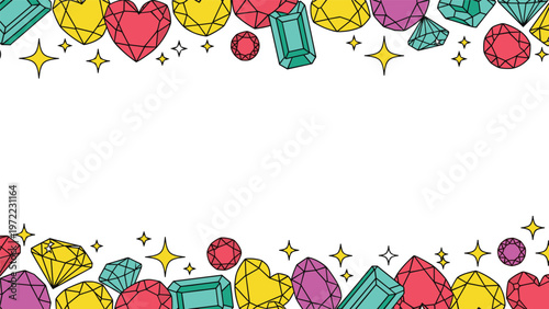 Decorative border composed of sparkling colorful gemstones in various shapes like heart, oval, and emerald cut.
