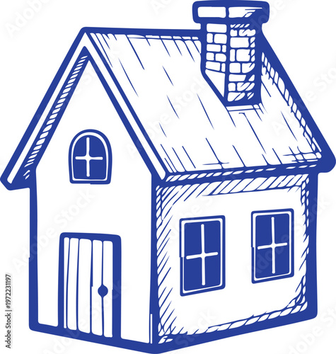 Simple Hand Drawn Blue Sketch of a Small House with Chimney