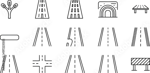 Vector Icons Set of Roads, Intersections, Tunnels, and Barriers for Transportation and Infrastructure Design Projects