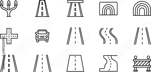 Vector Icons Set of Road Types, Intersections, Tunnels, and Barriers for Infrastructure and Urban Planning Design Projects