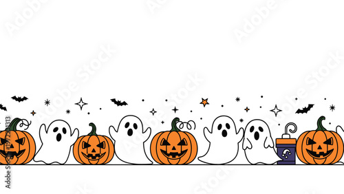 Halloween border design featuring carved pumpkins, ghosts, and flying bats on a white background with twinkling stars.