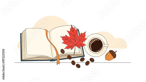 Open book with a red maple leaf on the pages next to a cup of coffee and an acorn representing an autumn reading scene.