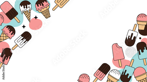 Frame design featuring various ice cream treats including cones with scoops and popsicles with chocolate coating.