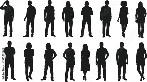 Diverse people standing silhouettes collection vector illustration set men women full body poses isolated black white design elements