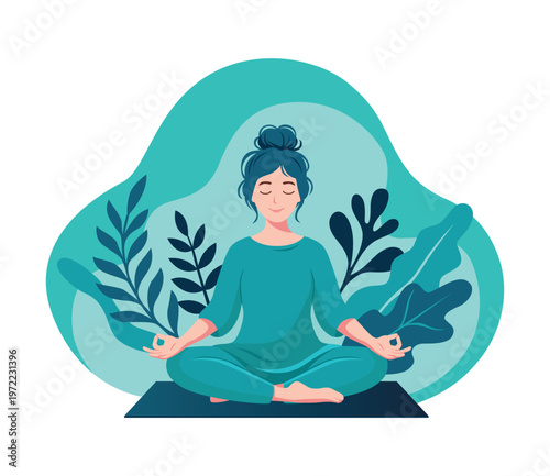 Woman meditating in yoga pose, mindfulness and wellness concept
