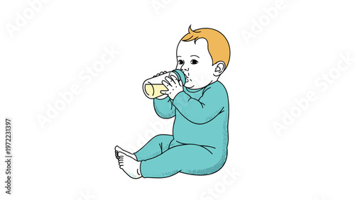 Infant wearing a teal onesie sits on a white background and drinks milk from a clear bottle held with both hands.