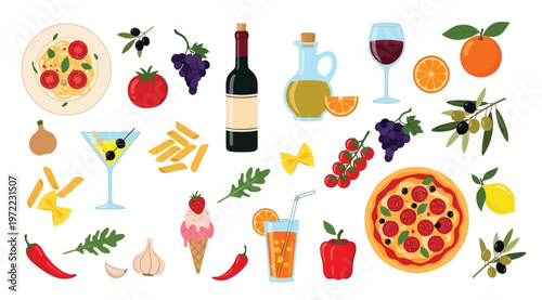 Italian food and drink set, mediterranean cuisine elements including pasta, pizza, wine, olive oil, fruits and vegetables