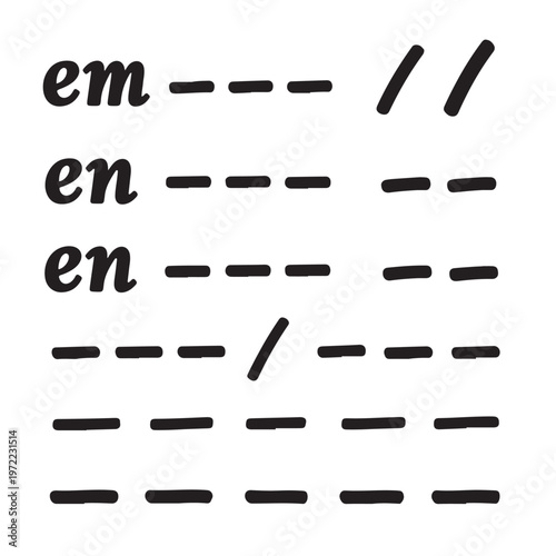 Hand drawn ink dashes and slashes collection with em and en typography labels set of black brush strokes elements