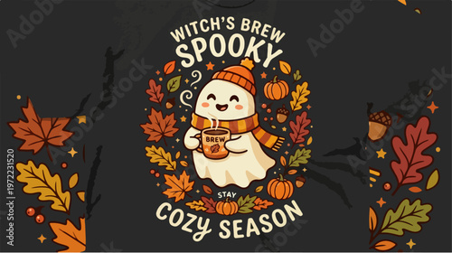 Cute ghost enjoying a warm drink during the cozy autumn season.
