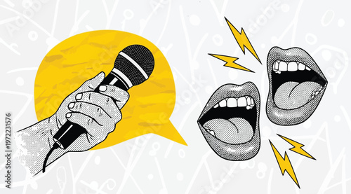 Pop art illustration of a hand holding a microphone and open mouths shouting with lightning bolts